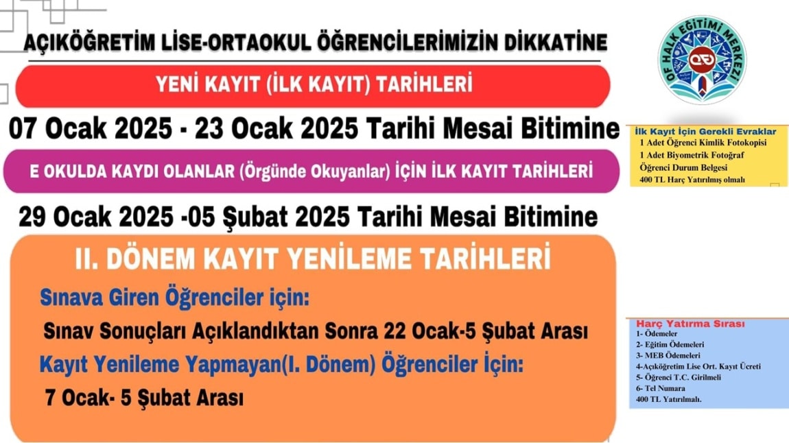 AÇIK LİSE ORTAOKUL KAYITLARI İLE İLGİLİ DUYURU